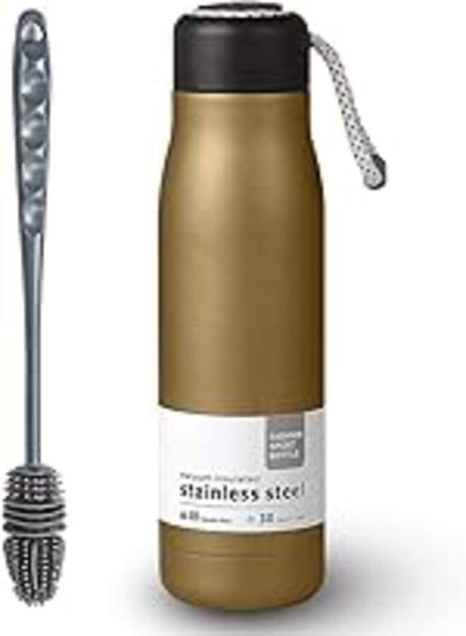 hanso Water Bottle, Vacuum Insulated Water Bottle, Double Wall Leak Proof Sports Water Bottle, BPA Free Water Bottle, Wide Mouth Sports Bottle with Handle, gold, (500ml) - with Silicone Brush (Gift)