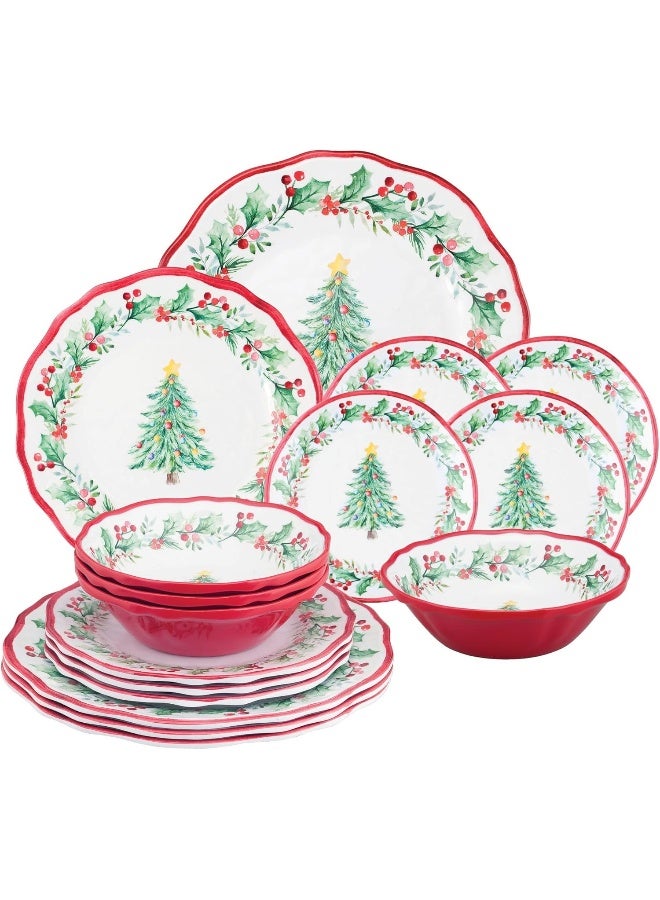 UP طقم أدوات مائدة ميلامين مكون من 16 قطعة بتصميم شجرة عيد الميلاد للخارج، طقم أطباق وأوعية، زينة عيد الميلاد لخدمة 4 أشخاص باللون الأحمر - Image 1