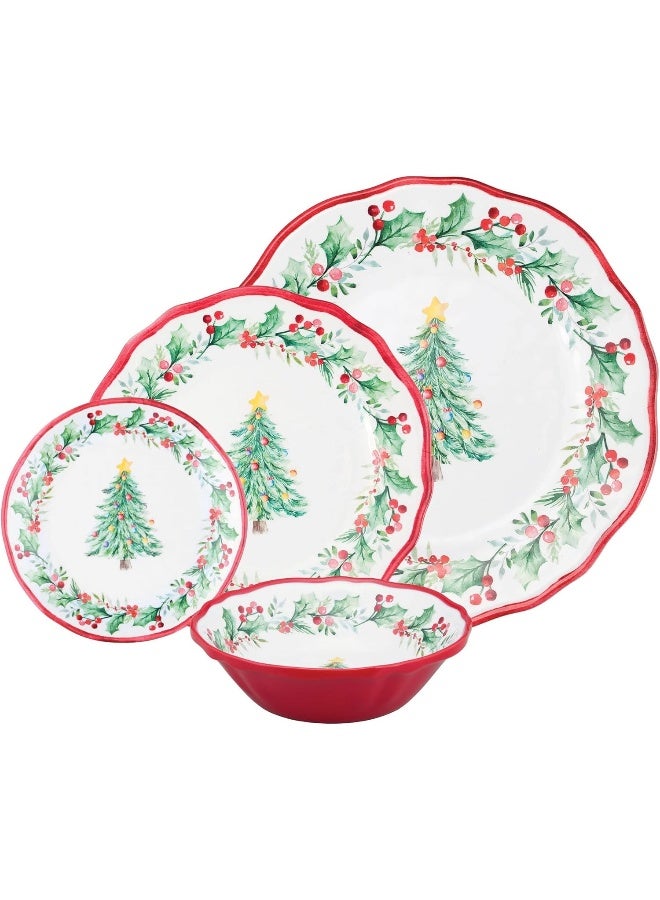 UP طقم أدوات مائدة ميلامين مكون من 16 قطعة بتصميم شجرة عيد الميلاد للخارج، طقم أطباق وأوعية، زينة عيد الميلاد لخدمة 4 أشخاص باللون الأحمر - Image 2