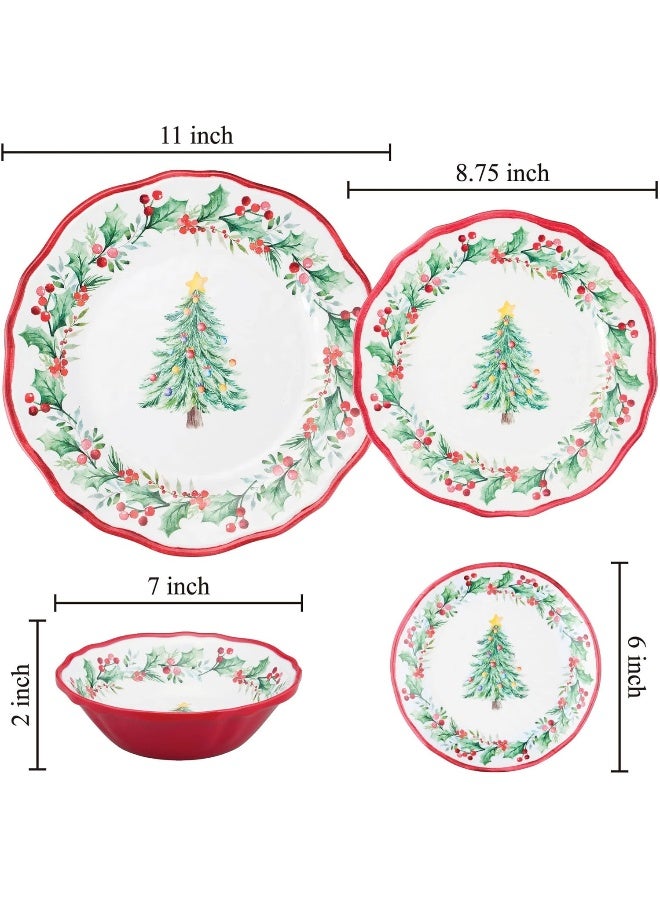 UP طقم أدوات مائدة ميلامين مكون من 16 قطعة بتصميم شجرة عيد الميلاد للخارج، طقم أطباق وأوعية، زينة عيد الميلاد لخدمة 4 أشخاص باللون الأحمر - Image 3