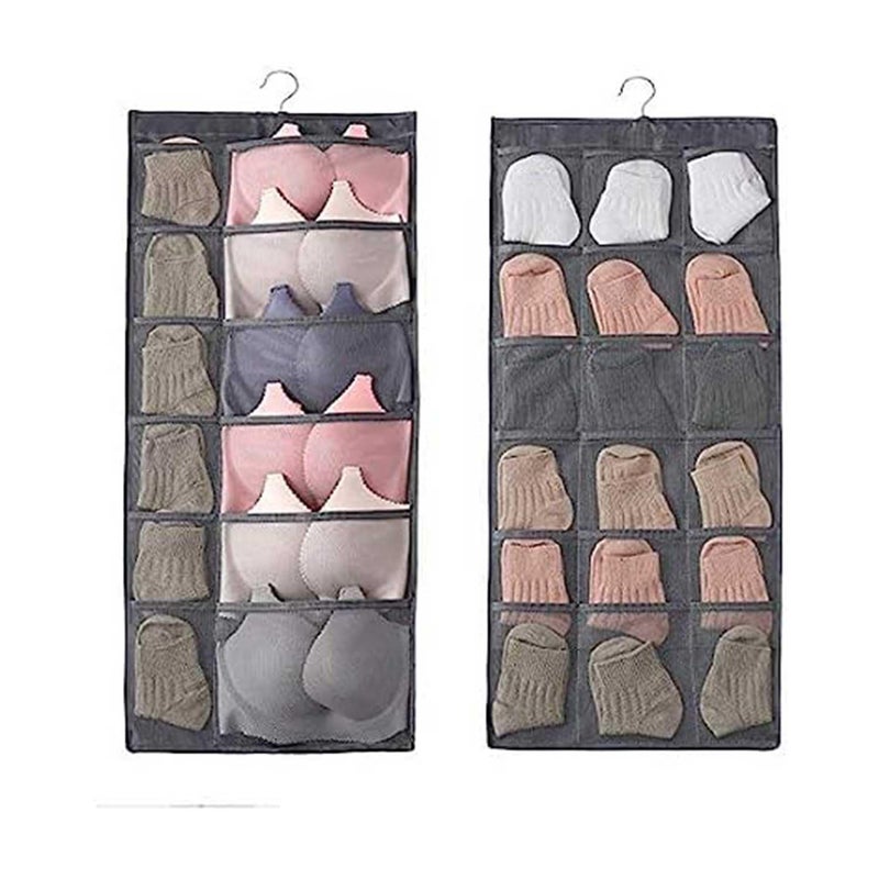 SYSTEMIZE Dual Side Organizer with 30 Pockets and Hanger Wall Shelf Storage Organizers for Storing Stocking Bra Socks Travel Accessories Non Woven Grey Set of 1 - Image 1