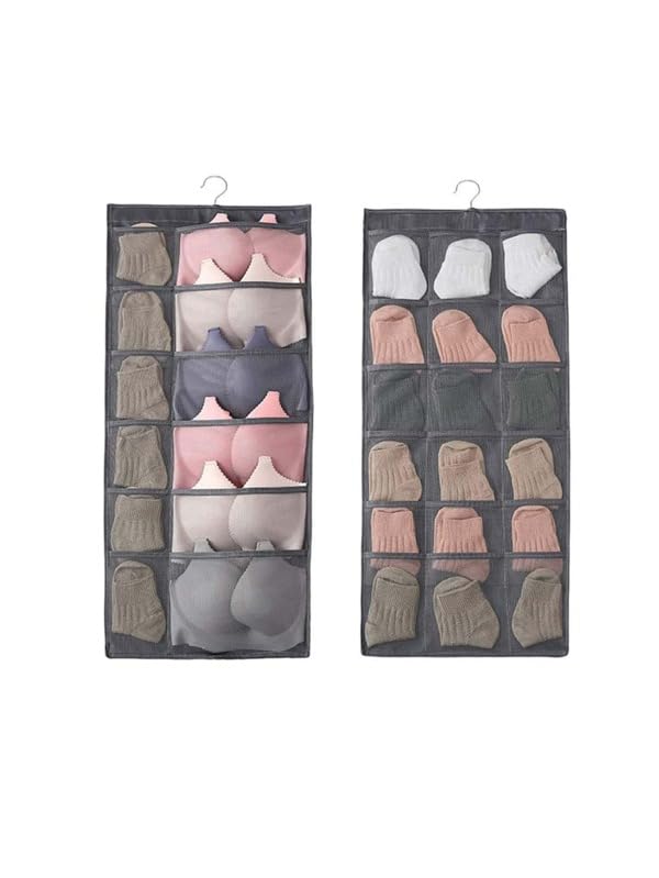 SYSTEMIZE Dual Side Organizer with 30 Pockets and Hanger Wall Shelf Storage Organizers for Storing Stocking Bra Socks Travel Accessories Non Woven Grey Set of 1 - Image 5