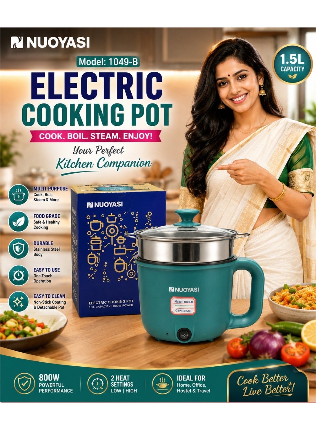 NUOYASI 1.5L Electric Cooking Pot for Smart Kitchen Cooking 1.5L electric pot, featuring quick boiling, steaming, durable design, easy cleaning, and efficient heating for homes, offices, hostels, and everyday delicious meals with confidence.