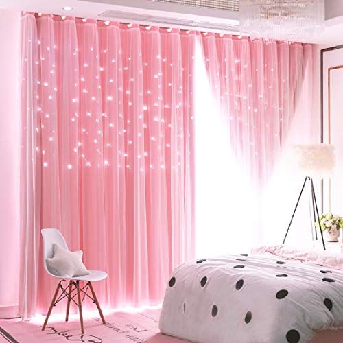 UNISTAR 2 Panels Stars Blackout Curtains for Bedroom Girls Kids Baby Window Decoration Double Layer Star Cut Out Aesthetic Living Room Decor Wall Home Curtain,W52 x L95 Inches,Pink - Image 1