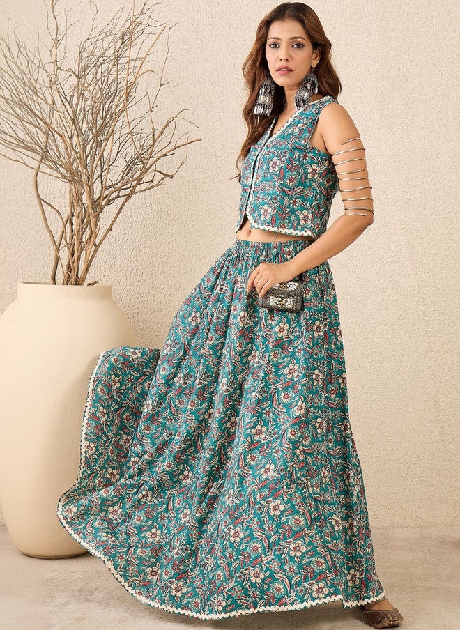WineRed Teal Floral Printed Maxi Flared Skirt for Women - Image 5