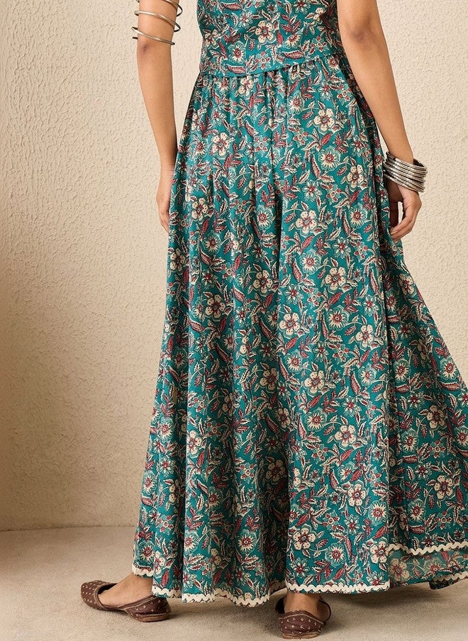 WineRed Teal Floral Printed Maxi Flared Skirt for Women - Image 4