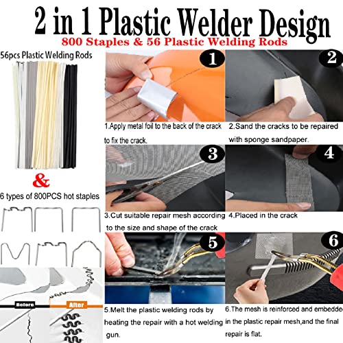 Miotorio 220w Plastic Welder,Upgraded 2 in 1 Plastic Welding Kit,Plastic Repair Kit 1000pcs Hot Staples & 92pcs Plastic Welding Rods for Car Bumper Plastic Crack Repair(Black) - Image 4