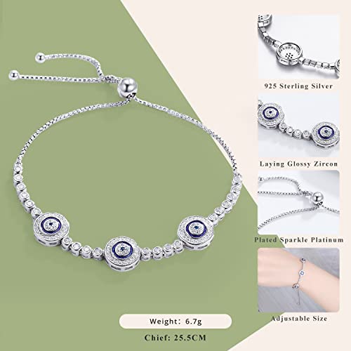 WOSTU Women Evil Eye Protection Bracelets 925 Sterling Silver White Gold Plated Adjustable Cubic Zirconia Bracelets - Image 2