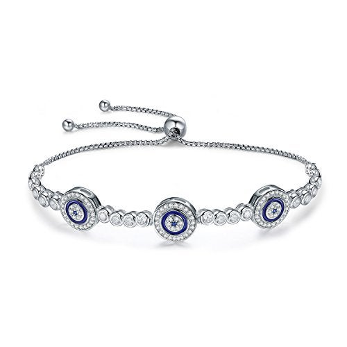 WOSTU Women Evil Eye Protection Bracelets 925 Sterling Silver White Gold Plated Adjustable Cubic Zirconia Bracelets - Image 1
