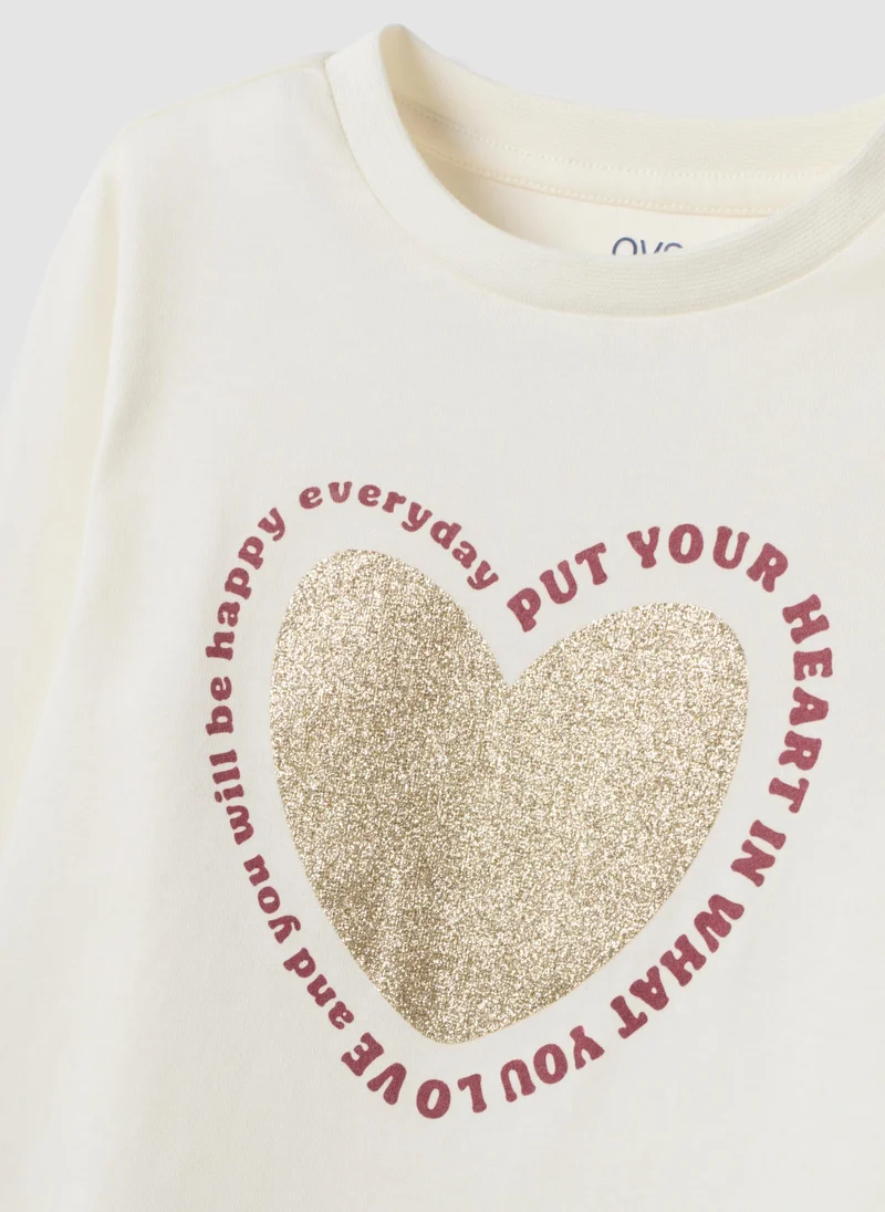 Ovs  OVS White Organic Cotton T-Shirt With Heart Print For Girls for Women | Best Price UAE
