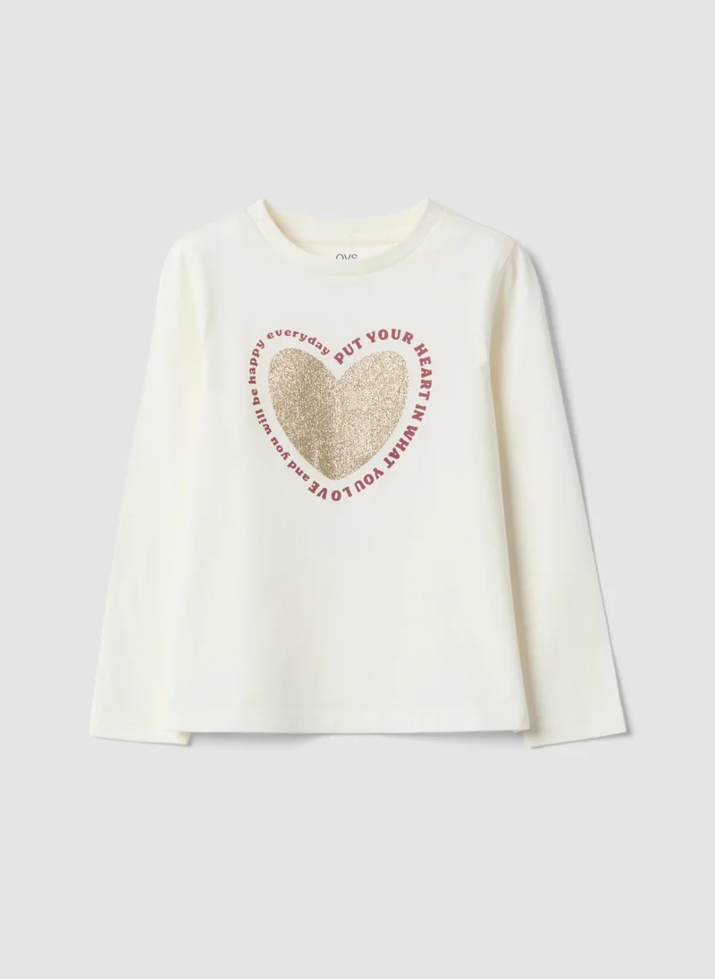 Ovs OVS White Organic Cotton T-Shirt With Heart Print For Girls