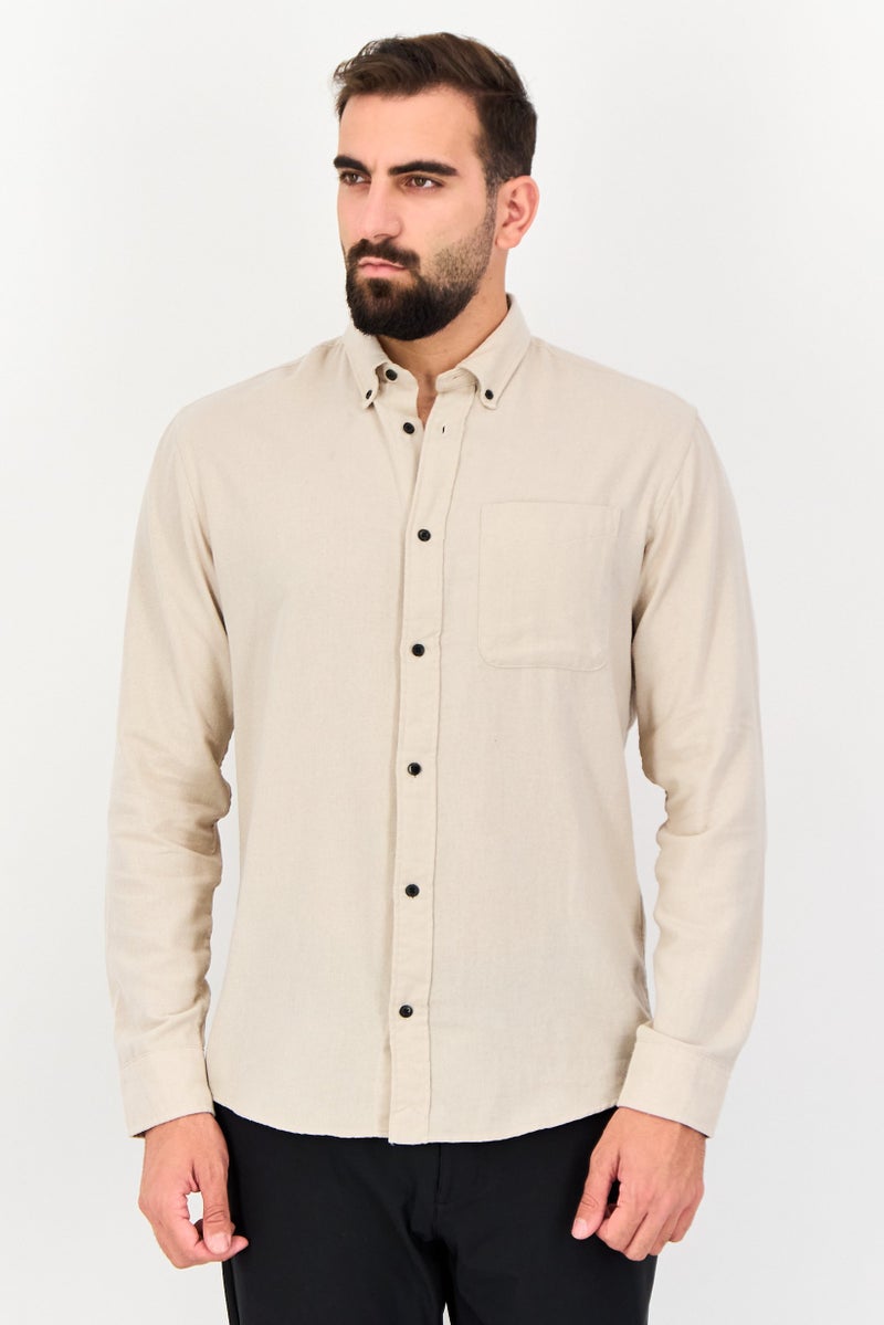 JACK & JONES Men Regular Fit Plain Long Sleeves Casual Shirt, Beige - Image 1