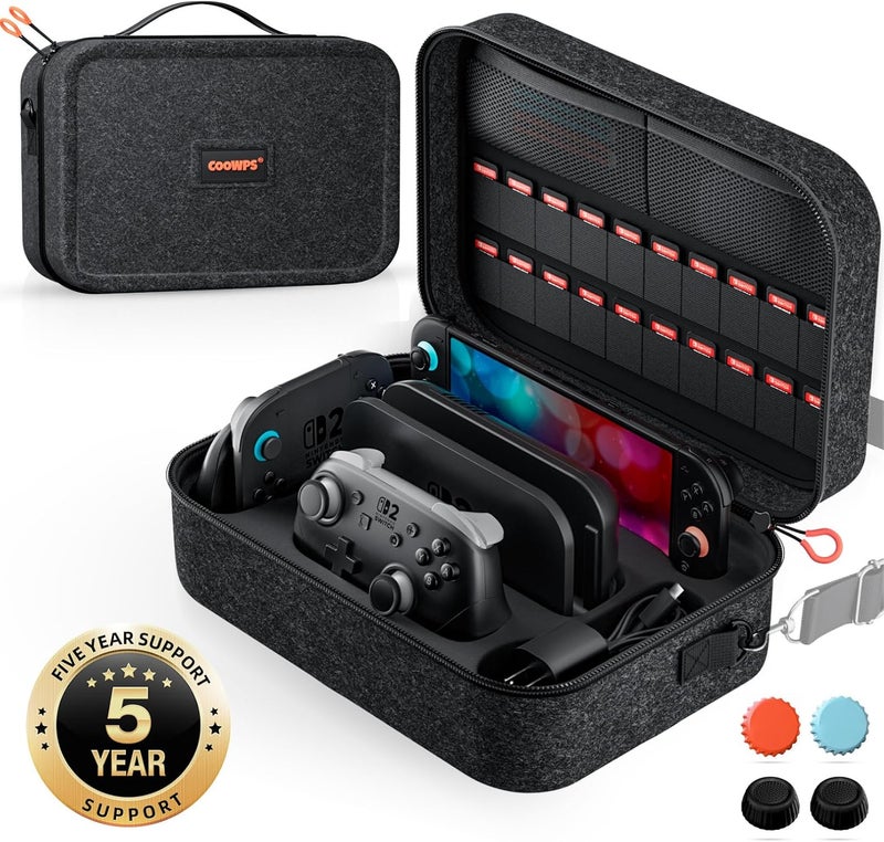 COOWPS حقيبة حمل لجهاز Nintendo Switch 2 (2025)، مزودة بـ 4 قطع من مقابض الإبهام، وتوفر حماية قوية من الرطوبة والروائح باستخدام قماش فاخر من الدرجة العسكرية، وتعتبر حقيبة تخزين متعددة الوظائف لإكسسوارات جهاز Switch 2 والوحدة التحكم Pro، باللون الأسود. - Image 1