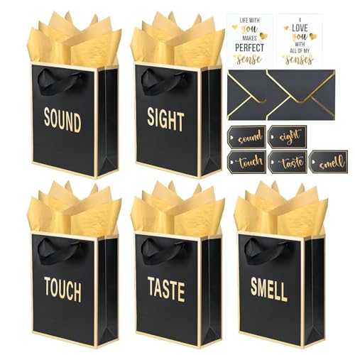Nimbbex Gold Foil 5 Senses Gift Bags for Him Her with Labels Envelopes and Cards Five Senses Gift Bags with Tissue Handle for Birthday Anniversary Mothers Day Valentines Day 9x7x32 Inch Black - Image 1