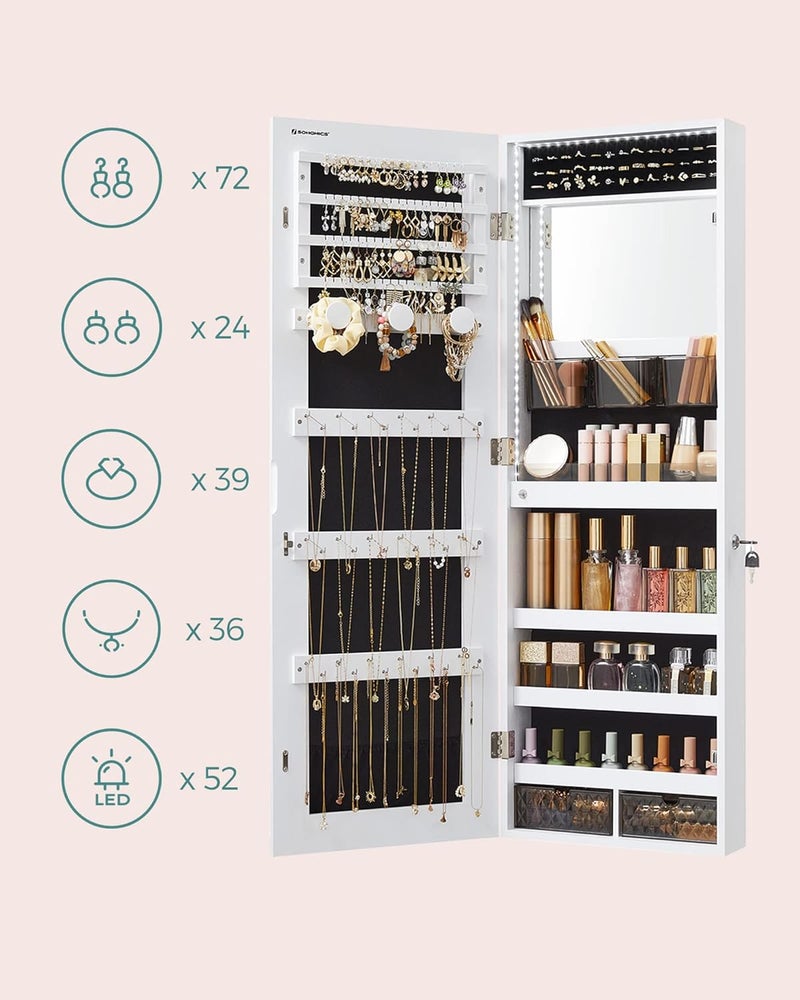 SONGMICS Mirror Jewelry Cabinet Armoire Organizer, Wall or Door Mount Storage Cabinet with Full-Length Frameless Lighted Mirror, Built-in Makeup Mirror, 2 Drawers, Lockable, White - Image 4