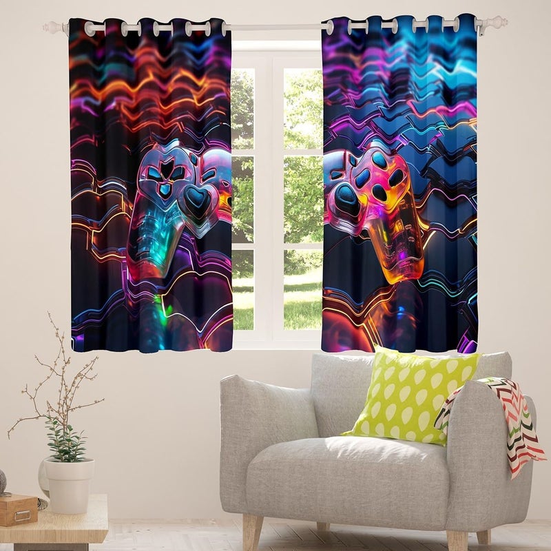 Man Fei Teens Gaming Window Curtains Modern Gamer Window Treatments, Honeycomb Gamepad Window Drapes for Kids Boys Adults Game Room Decor Grommet Top 2 Panel Set Bedroom Curtains, 66Wx90L inch - Image 4