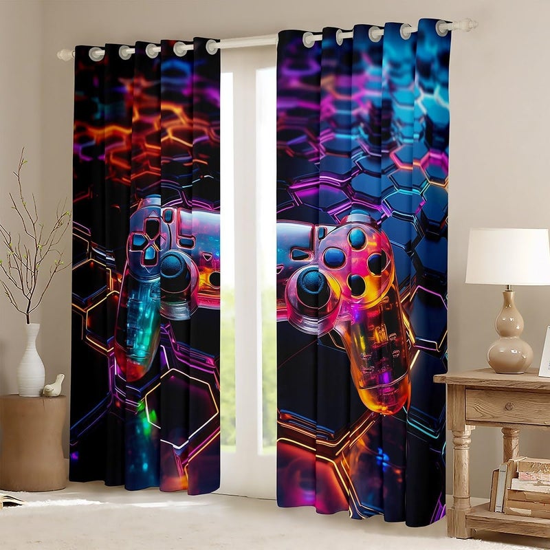 Man Fei Teens Gaming Window Curtains Modern Gamer Window Treatments, Honeycomb Gamepad Window Drapes for Kids Boys Adults Game Room Decor Grommet Top 2 Panel Set Bedroom Curtains, 66Wx90L inch - Image 2