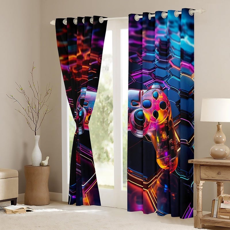 Man Fei Teens Gaming Window Curtains Modern Gamer Window Treatments, Honeycomb Gamepad Window Drapes for Kids Boys Adults Game Room Decor Grommet Top 2 Panel Set Bedroom Curtains, 66Wx90L inch - Image 3
