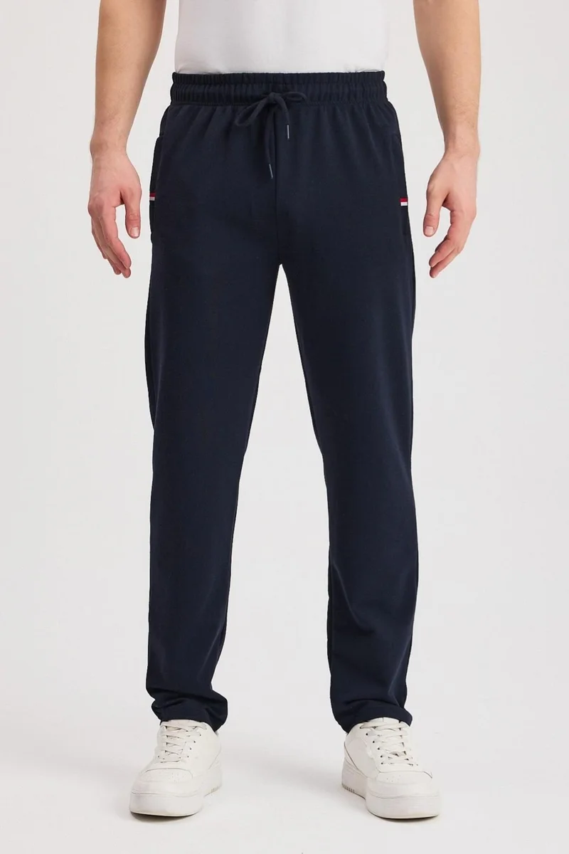 ميتاليك Navy Blue Men's Zippered Pocket Embroidery Detailed Straight Leg Relaxed Cut Casual Sweatpants