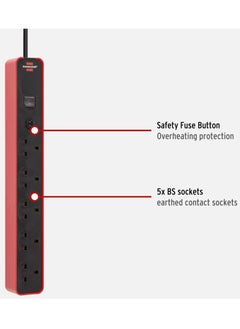Brennenstuhl Brennenstuhl Ecolor 5-way extension lead red/black (Power Strip 5-way with 1,5 m cable, safety fuse button and On/Off switch, 90° angle of sockets)  - Image 4