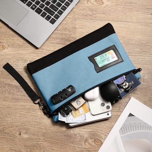 KOSMCCO Money Bag with Lock, 11.8 x 7.9 Inches Durable Canvas Cash Pouch Bank Bag for Cash, Passports, Notary Supplies, Medicine, Valuable Storage, Light Blue - Image 2
