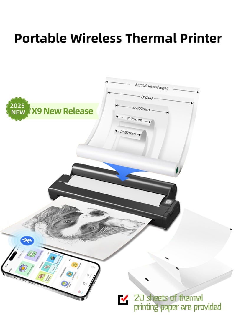 Portable Printers Wireless Bluetooth for Travel,X9 Inkless Thermal Printer Support A4 thermal Paper,Bluetooth Mobile Printer Compatible with iOS, Android Phone & Laptop, Inkless Mobile Travel Printers for Car School Office, Mini Bluetooth Printer for Android for iOS Phone  - Image 1