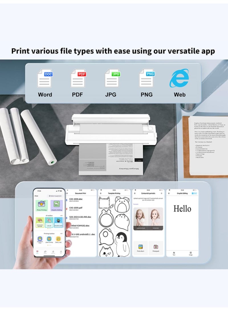 Portable Printers Wireless Bluetooth for Travel,X9 Inkless Thermal Printer Support A4 thermal Paper,Bluetooth Mobile Printer Compatible with iOS, Android Phone & Laptop, Inkless Mobile Travel Printers for Car School Office, Mini Bluetooth Printer for Android for iOS Phone  - Image 5
