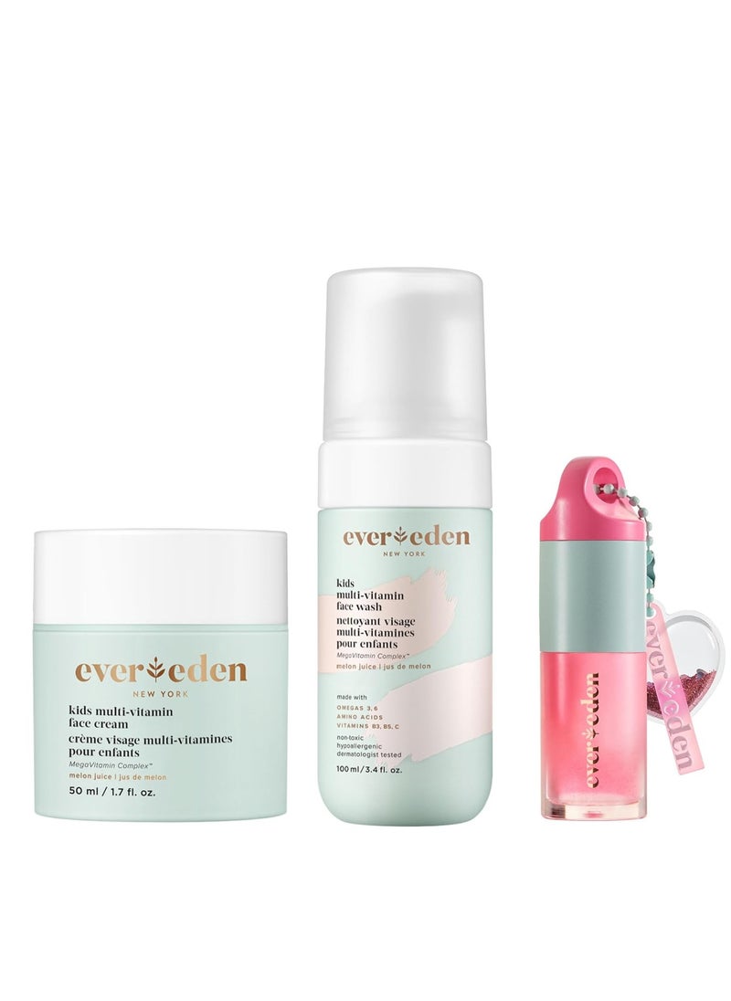 Evereden Evereden Happy Kids Skin & Lips Routine - Multi-Vitamin Kids Face Wash & Kids Face Cream & Tinted Lip Oil Set - Clean & Vegan Skin Care for Kids 3+ - Moisturizing, Nourishing, & Protective Kids Skin  - Image 1