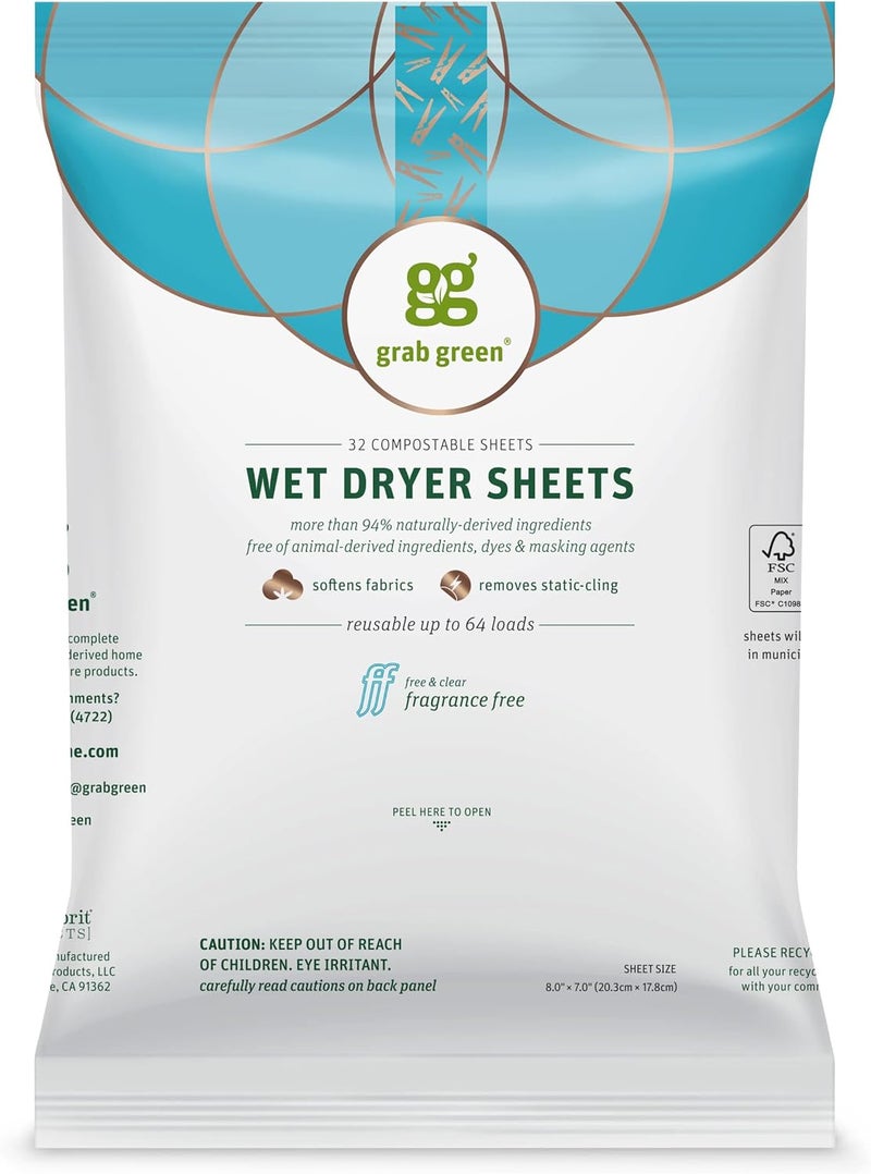 Grab Green Natural Wet Dryer Sheets, Unscented/Free & Clear, 64 Loads, Reusable & Compostable - Image 1