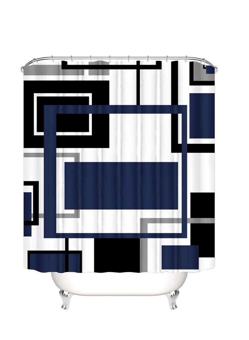 SYOSI مجموعة ستائر دش 4 قطع زرقاء هندسية مع 12 خطاف سجادات غير قابلة للانزلاق حصيرة استحمام على شكل U غطاء مرحاض حديث هندسي أسود وأزرق - Image 2
