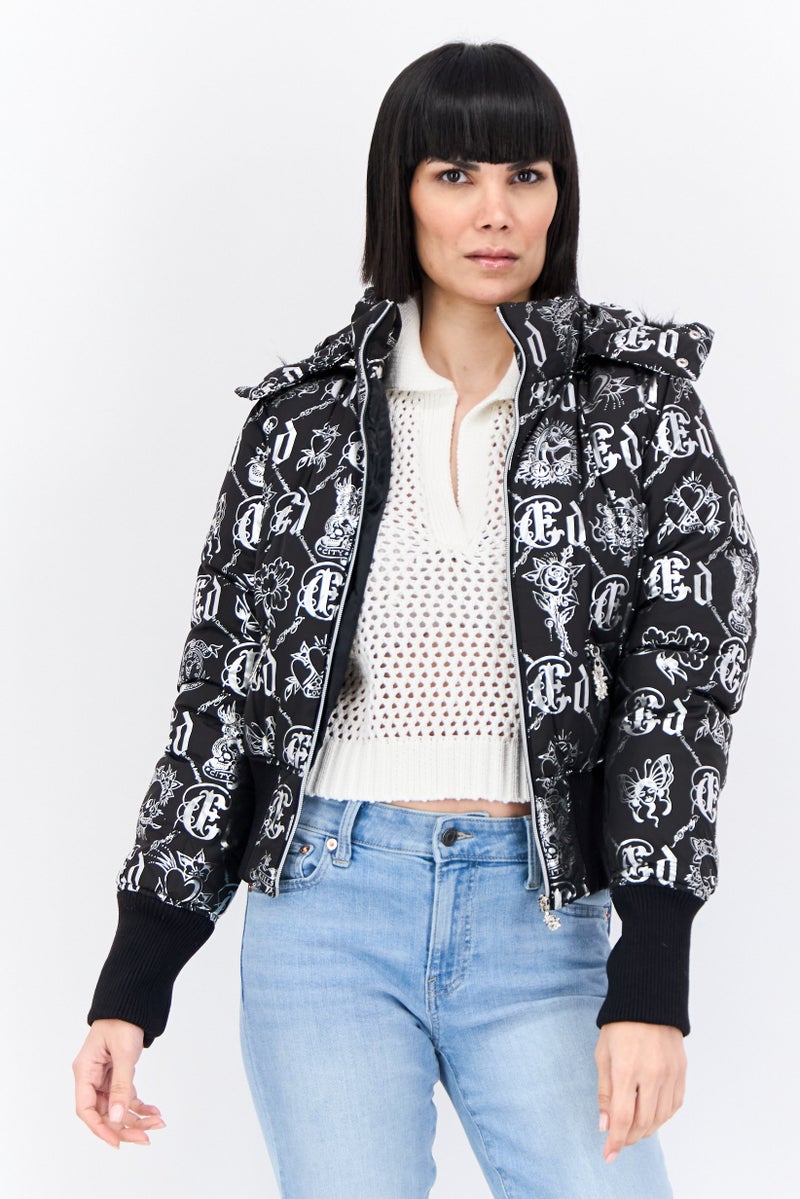 Ed Hardy جاكيت بافر مطبوع بالكامل للنساء، أسود - Image 1