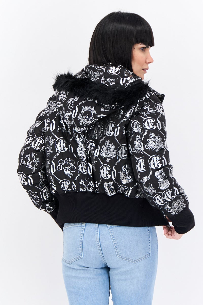 Ed Hardy جاكيت بافر مطبوع بالكامل للنساء، أسود - Image 3