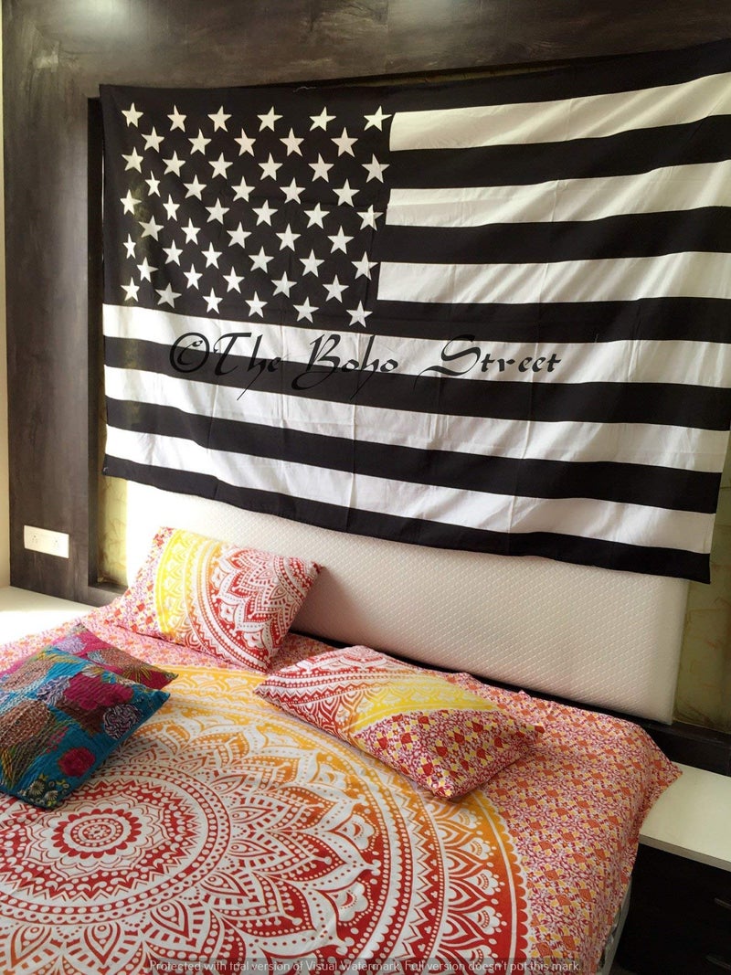 The Boho Street Vintage American Flag Tapestry Black and White 100% Cotton, Indian Hippie Wall Hanging, Bohemian Bedspread, Mandala Cotton Dorm Decor Beach Cover up - Image 3