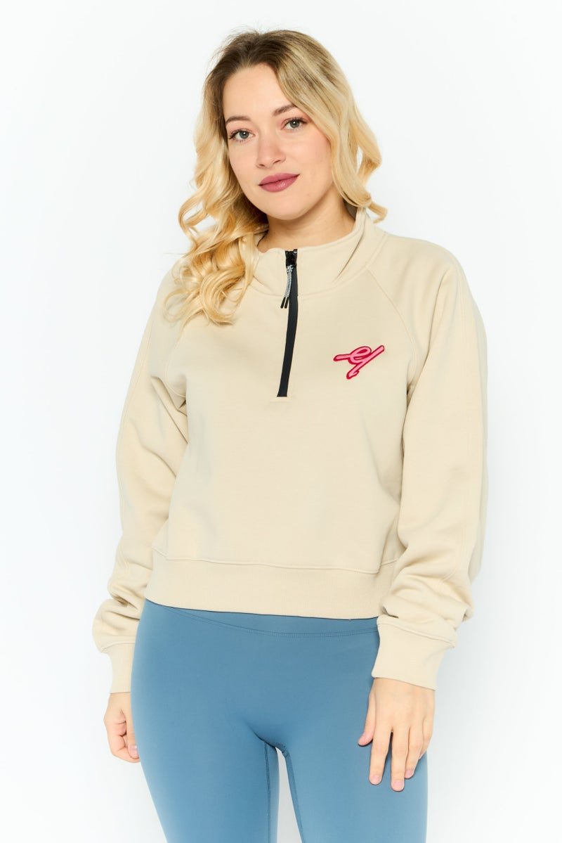 ESPRIT Women Mock Neck Embroidered Long Sleeves Sweatshirt, Beige - Image 1