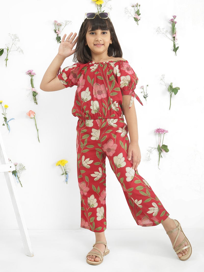 Globus Girls Maroon Off Shoulder Tie-Up Sleeves Floral Print Top With Pants Co-Ord Set - Image 1