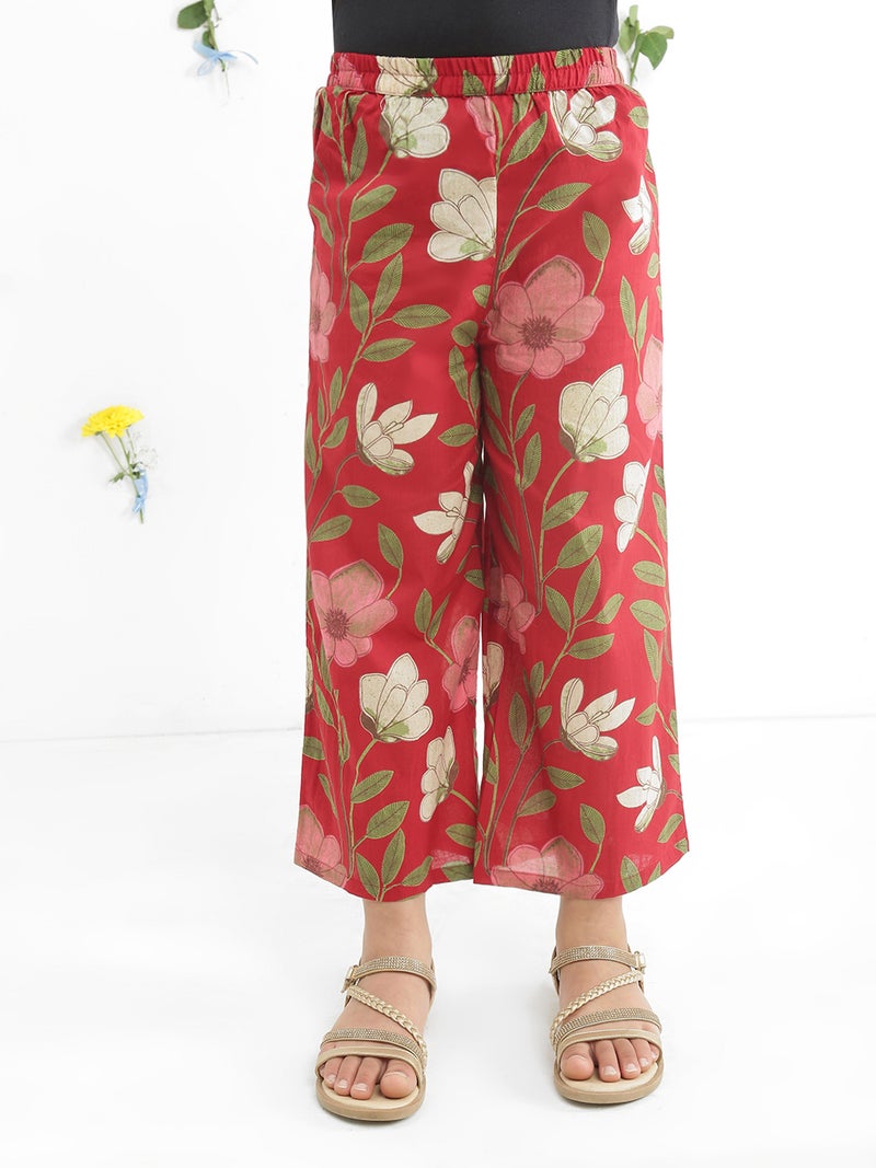 Globus Girls Maroon Off Shoulder Tie-Up Sleeves Floral Print Top With Pants Co-Ord Set - Image 5