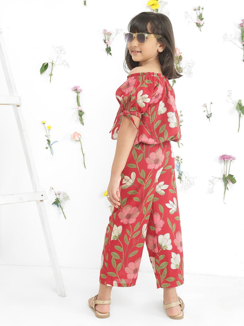 Globus Girls Maroon Off Shoulder Tie-Up Sleeves Floral Print Top With Pants Co-Ord Set - Image 3