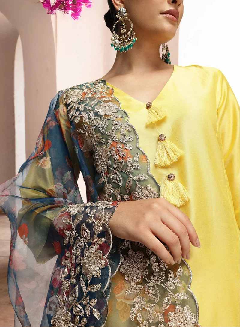 ISHIN Women'S Yellow Polyester Blend Embellished Tunic Full Length Pleat Front Straight Fit Kurta Set