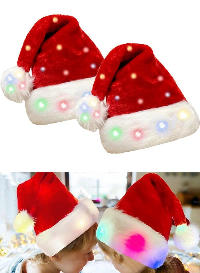 Santa Hats Christmas Hats for Adults Kids 2PCS Soft Thicken Classic Santa Hat LED Light for Xmas New Year Party - Image 1