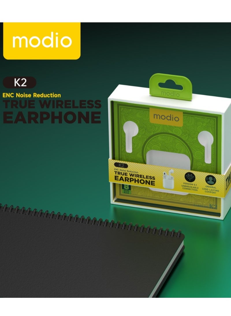 modio - Modio K2 True Wireless Earphone with ENC noise Reduction -White - Image 1