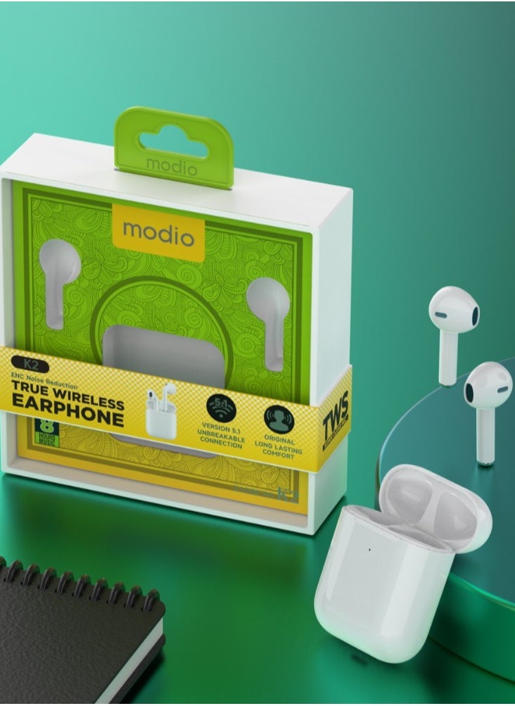 modio - Modio K2 True Wireless Earphone with ENC noise Reduction -White - Image 1