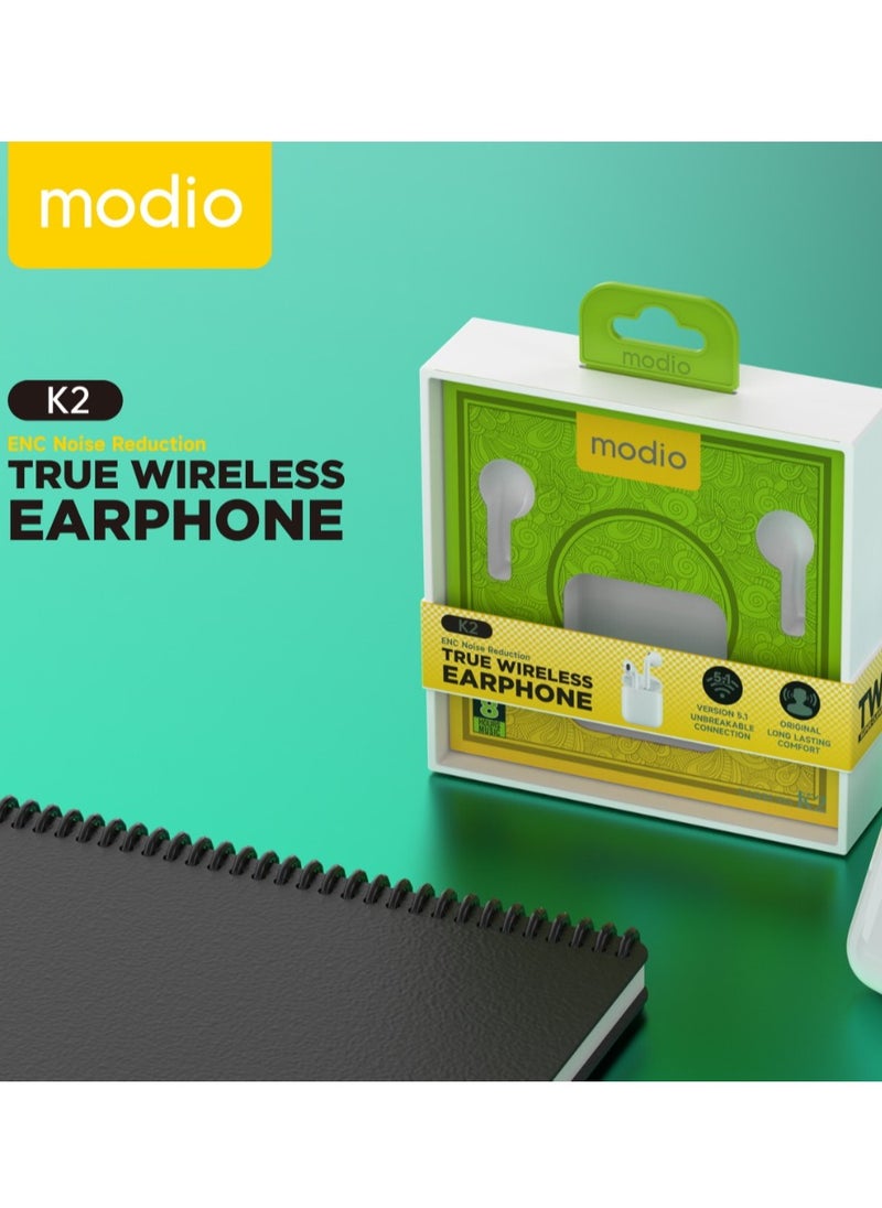 modio - Modio K2 True Wireless Earphone with ENC noise Reduction -White - Image 1