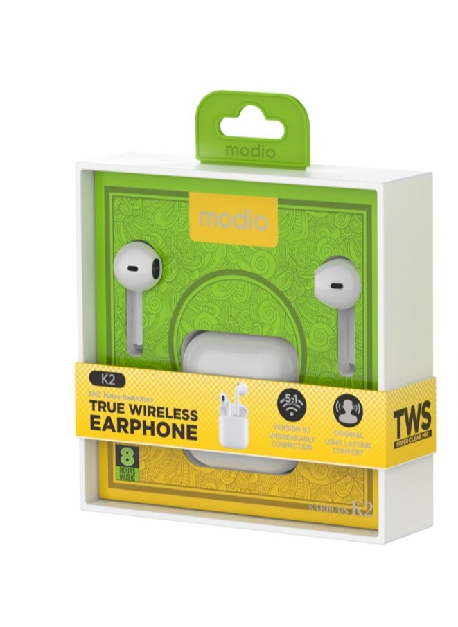 modio - Modio K2 True Wireless Earphone with ENC noise Reduction -White - Image 1