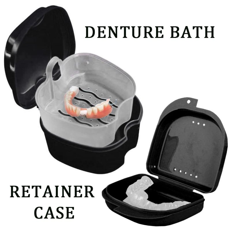PISSION Denture Bath Case Cup with Denture Cleaner Brush & Retainer Holder Box, Complete Clean Care for Dentures, Clear Braces, Mouth Guard, Night Guard & Retainers,Traveling (Black) - Image 2