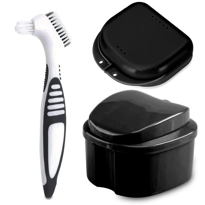 PISSION Denture Bath Case Cup with Denture Cleaner Brush & Retainer Holder Box, Complete Clean Care for Dentures, Clear Braces, Mouth Guard, Night Guard & Retainers,Traveling (Black) - Image 1