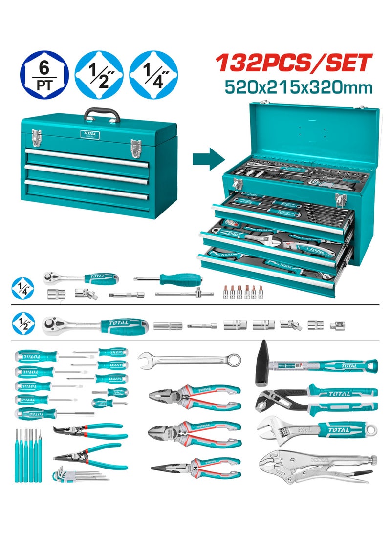 TOTAL Super Total 132-Piece Versatile Tool Chest Set: Ideal for Mechanics, DIY Enthusiasts & Professionals – Comprehensive Socket, Wrench, Screwdriver, and Pliers Assortment for All Your Repair Needs  - Image 1