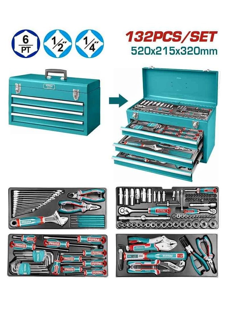 TOTAL Super Total 132-Piece Versatile Tool Chest Set: Ideal for Mechanics, DIY Enthusiasts & Professionals – Comprehensive Socket, Wrench, Screwdriver, and Pliers Assortment for All Your Repair Needs  - Image 2