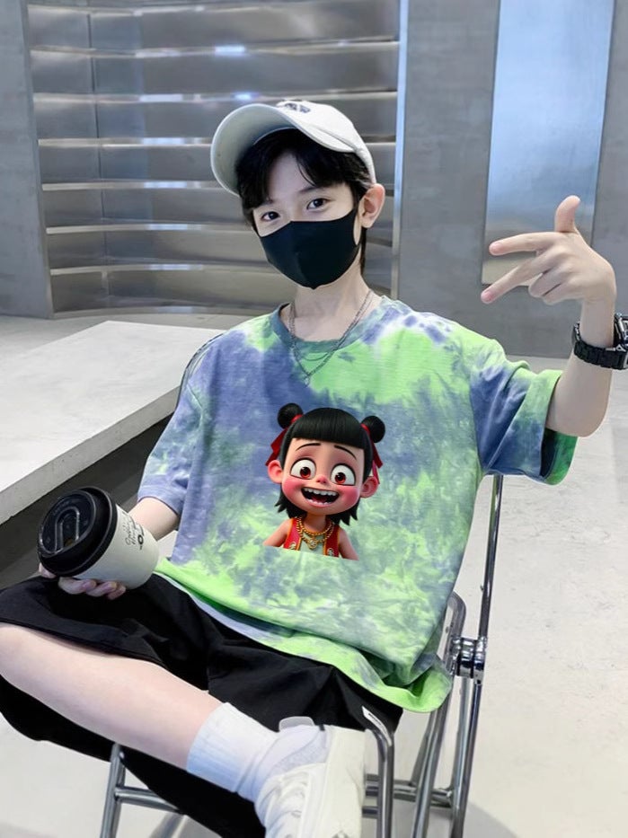 Boys' Short-Sleeved T-Shirt Summer Thin Children'S Tie-Dyed Internet-Famous Pure Cotton Top Big Children'S Summer Fashion T - Image 4