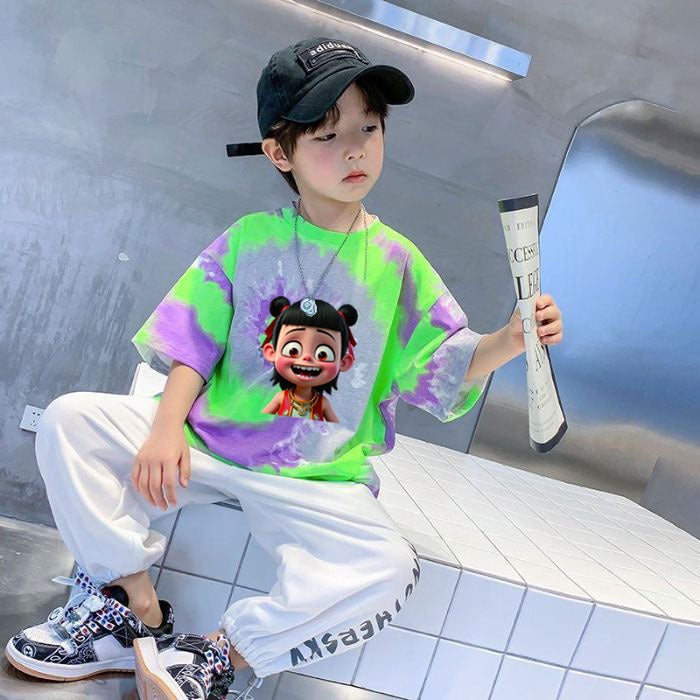 Boys' Short-Sleeved T-Shirt Summer Thin Children'S Tie-Dyed Internet-Famous Pure Cotton Top Big Children'S Summer Fashion T - Image 1