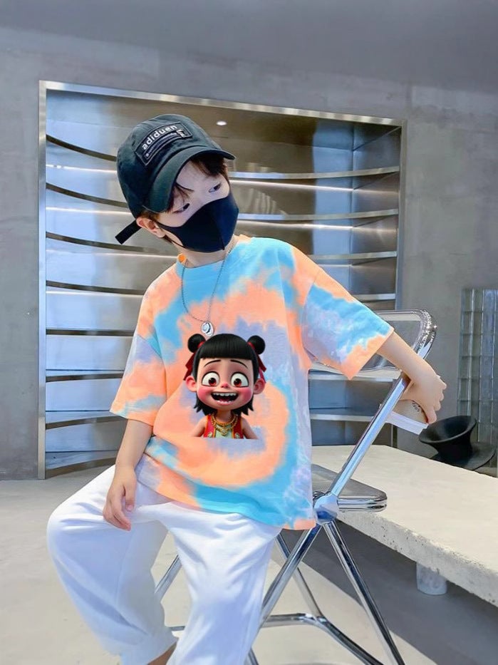 Boys' Short-Sleeved T-Shirt Summer Thin Children'S Tie-Dyed Internet-Famous Pure Cotton Top Big Children'S Summer Fashion T - Image 2